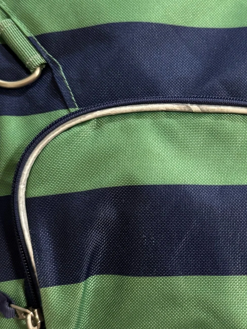 Pottery Barn Kids Green and Navy Striped Backpack with matching lunch box.
